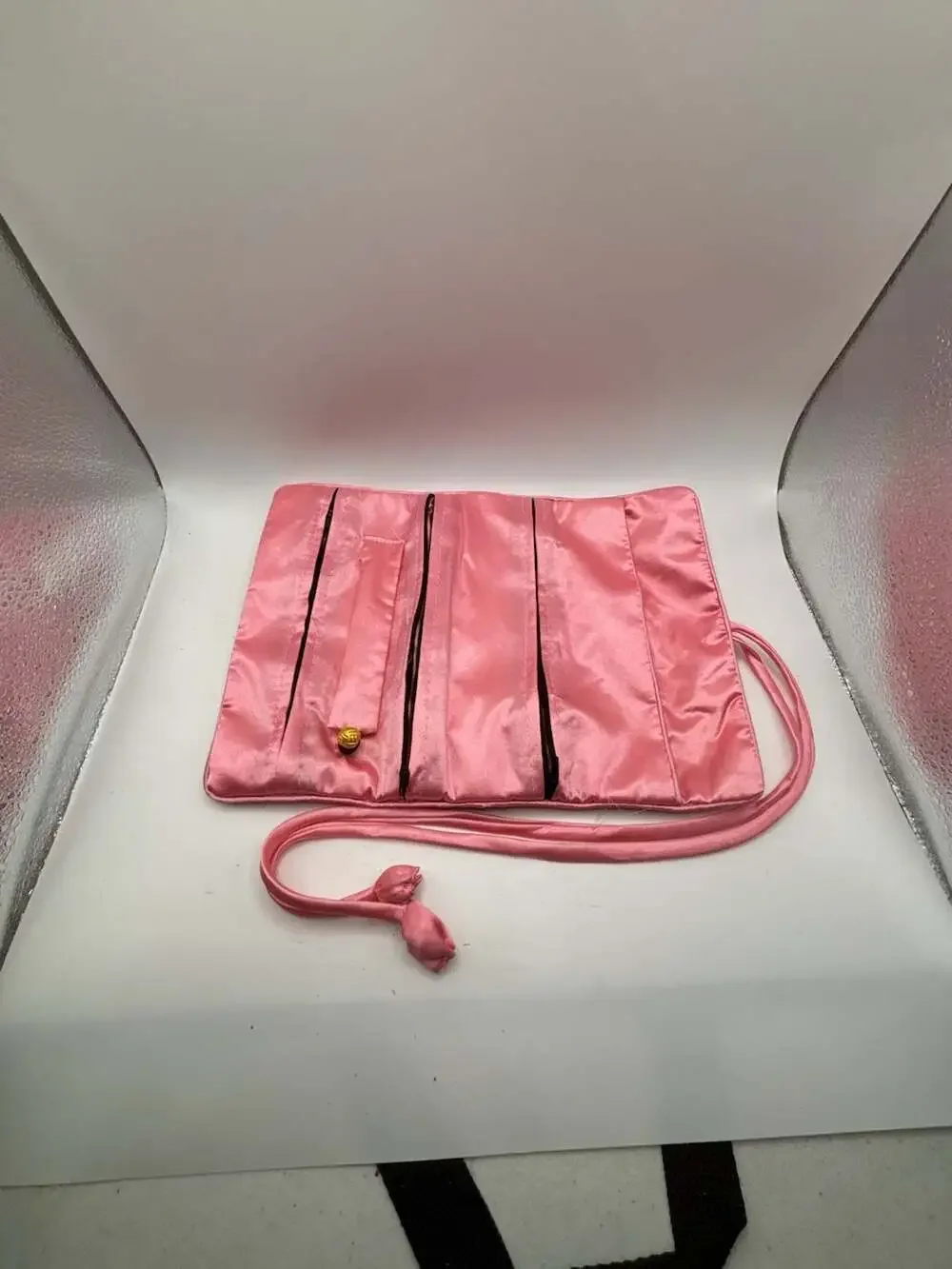 Pink Floral Embroidered Silk Jewelry Travel Roll Organizer